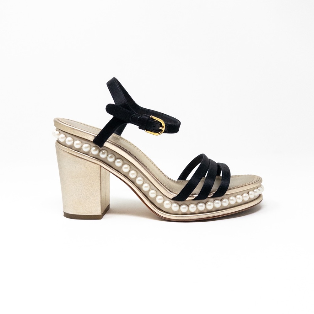 Chanel Strappy Satin Pearl Platform Sandals EU 37 Block Heel Black Gold Metallic